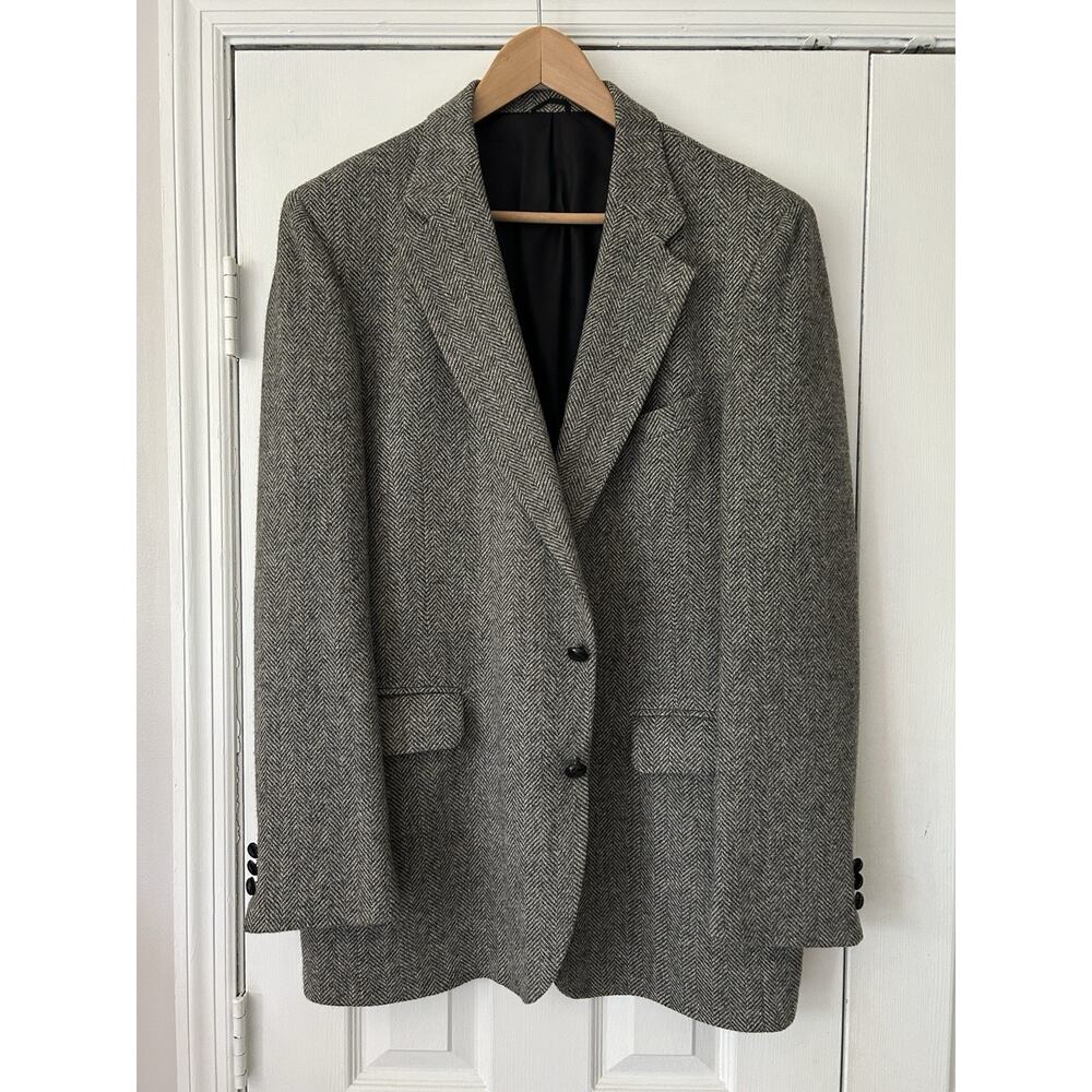 Vintage Stafford Tweed Herringbone Black Grey Blazer Union Made USA 44L Long